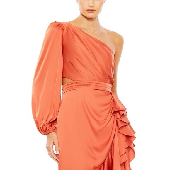 Mac Duggal ONE SLEEVE CUT OUT ASYMMETRICAL RUFFLED GOWN NEW - Picture 3 of 9